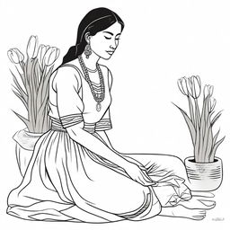 Illustration of a young indigenous woman kneeling, selling tulips