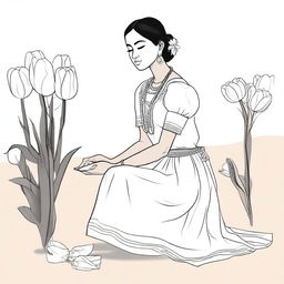 Illustration of a young indigenous woman kneeling, selling tulips