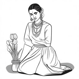 Illustration of a young indigenous woman kneeling, selling tulips