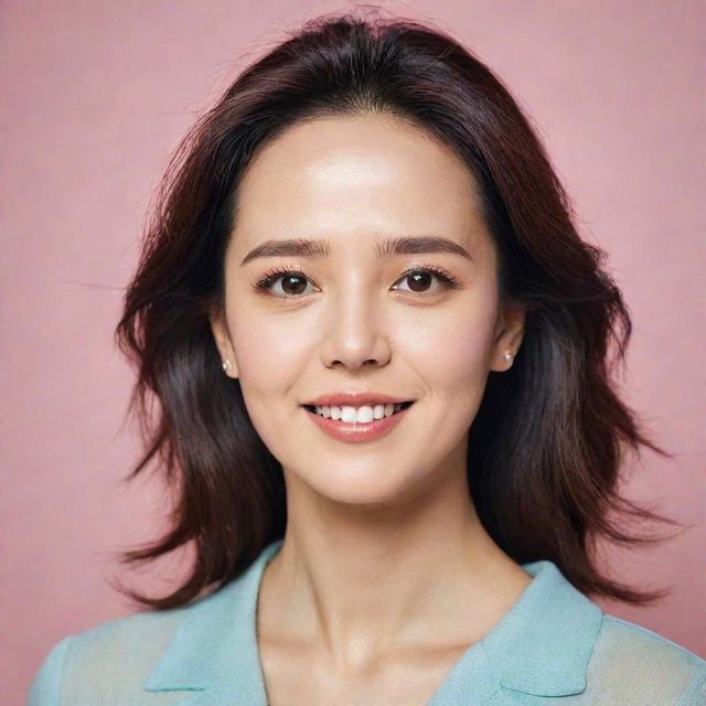 A stunning portrait of Song Ji Hyo, a South-Korean actress and presenter, known for her radiating beauty and expressive features, set against a gentle pastel-colored background.