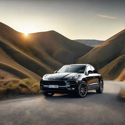 A sleek black Porsche Macan GTS parked on a scenic mountain road, with the sun setting in the background, casting a warm golden light on the car's glossy surface