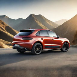 A sleek black Porsche Macan GTS parked on a scenic mountain road, with the sun setting in the background, casting a warm golden light on the car's glossy surface