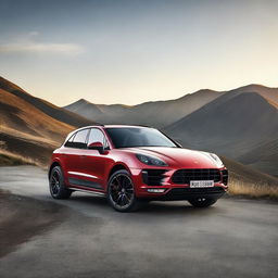 A sleek black Porsche Macan GTS parked on a scenic mountain road, with the sun setting in the background, casting a warm golden light on the car's glossy surface