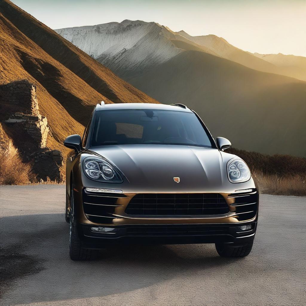 A sleek black Porsche Macan GTS parked on a scenic mountain road, with the sun setting in the background, casting a warm golden light on the car's glossy surface