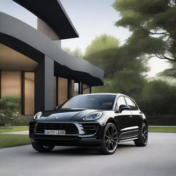 A realistic image of a black Porsche Macan GTS parked in the driveway of a luxurious house