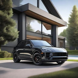 A realistic image of a black Porsche Macan GTS parked in the driveway of a luxurious house