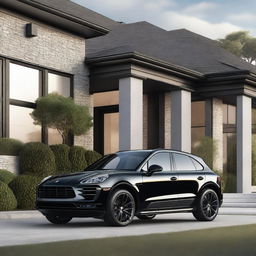 A realistic image of a black Porsche Macan GTS parked in the driveway of a luxurious house