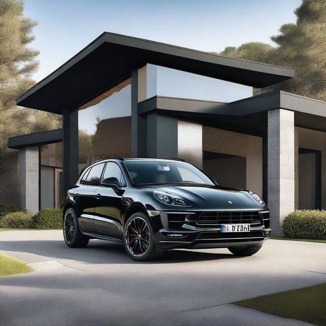 A realistic image of a black Porsche Macan GTS parked in the driveway of a luxurious house