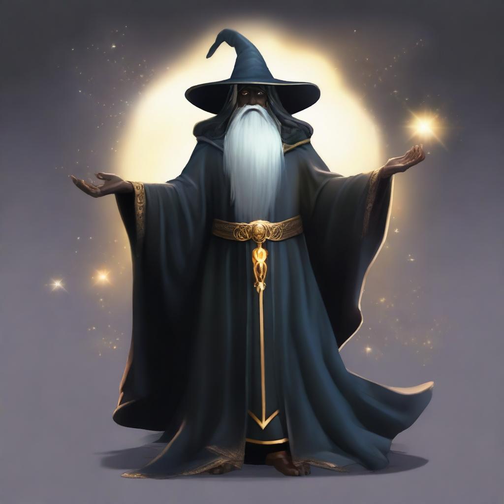 Create a character with a complete black body in the shape of a wizard