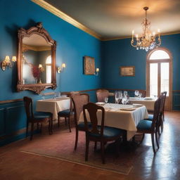 A romantic Italian restaurant dining room with Mediterranean blue walls