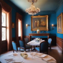 A romantic Italian restaurant dining room with Mediterranean blue walls