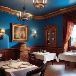 A romantic Italian restaurant dining room with Mediterranean blue walls