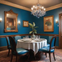 A romantic Italian restaurant dining room with Mediterranean blue walls