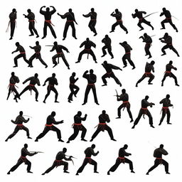 Create sprites of humans engaged in combat on a white background, showcasing a variety of fighting techniques