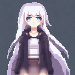 Create a pixel art image of an anime girl with white hair