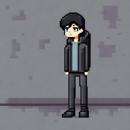 Create a pixel art image of an introverted boy with black hair