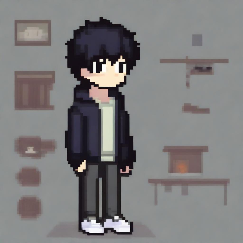 Create a pixel art image of an introverted boy with black hair