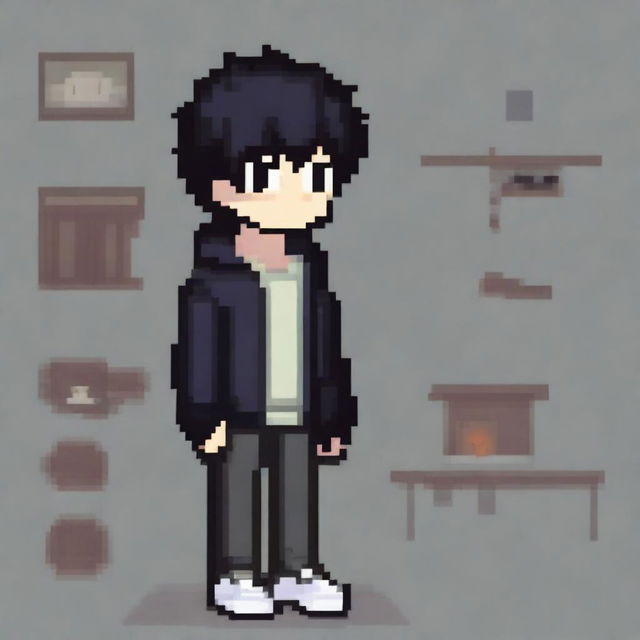 Create a pixel art image of an introverted boy with black hair