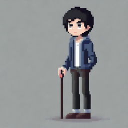 Create a pixel art image of an introverted boy with black hair