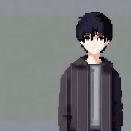 Create a pixel art image of an introverted boy with black hair