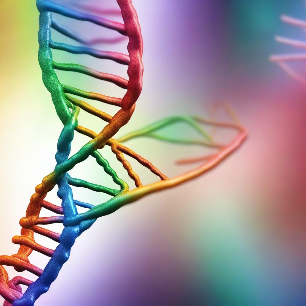 A detailed and artistic representation of a DNA double helix structure, showcasing the intricate patterns and colors of the molecular strands