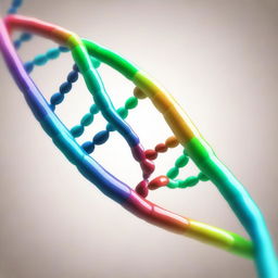 A detailed and artistic representation of a DNA double helix structure, showcasing the intricate patterns and colors of the molecular strands