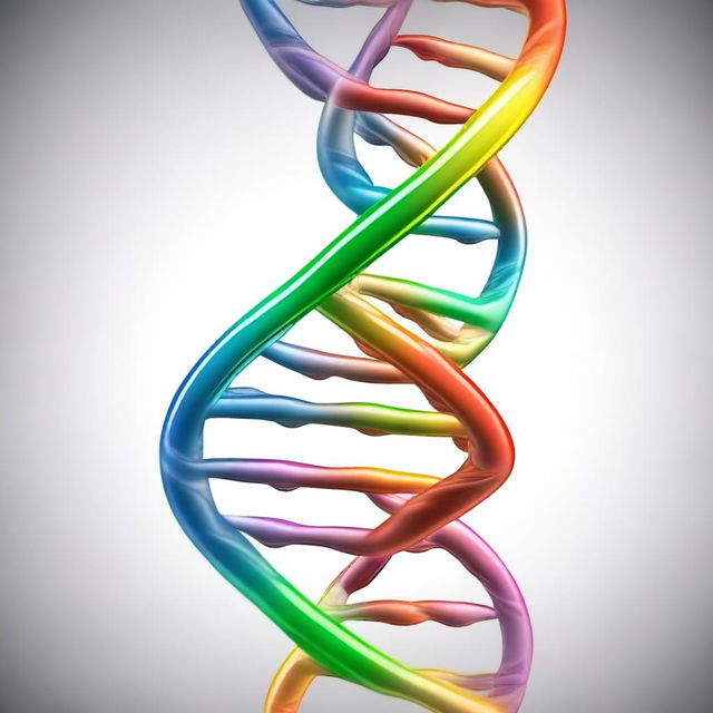 A detailed and artistic representation of a DNA double helix structure, showcasing the intricate patterns and colors of the molecular strands