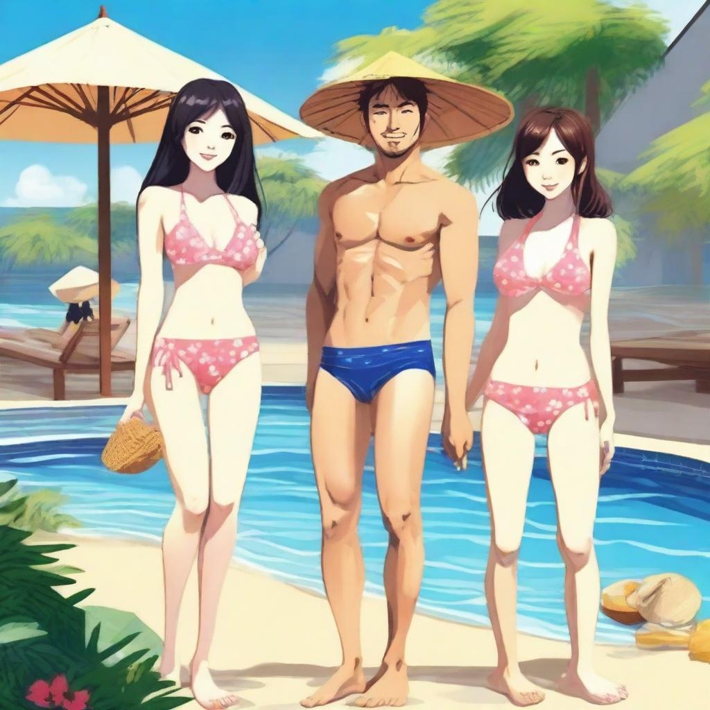 Create an image of Japanese girls in bikinis alongside a man