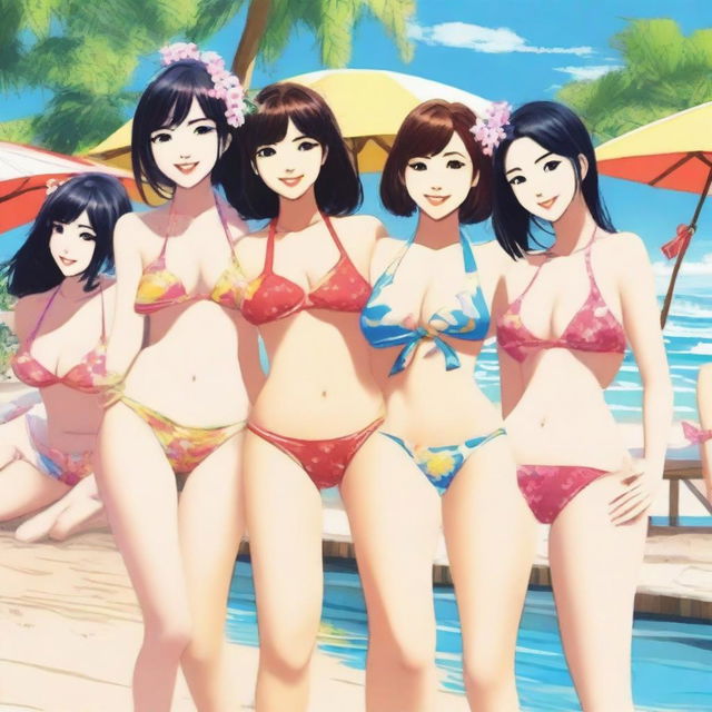 Create an image of Japanese girls in bikinis alongside a man