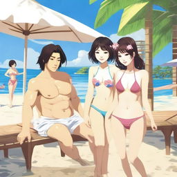 Create an image of Japanese girls in bikinis alongside a man