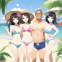 Create an image of Japanese girls in bikinis alongside a man