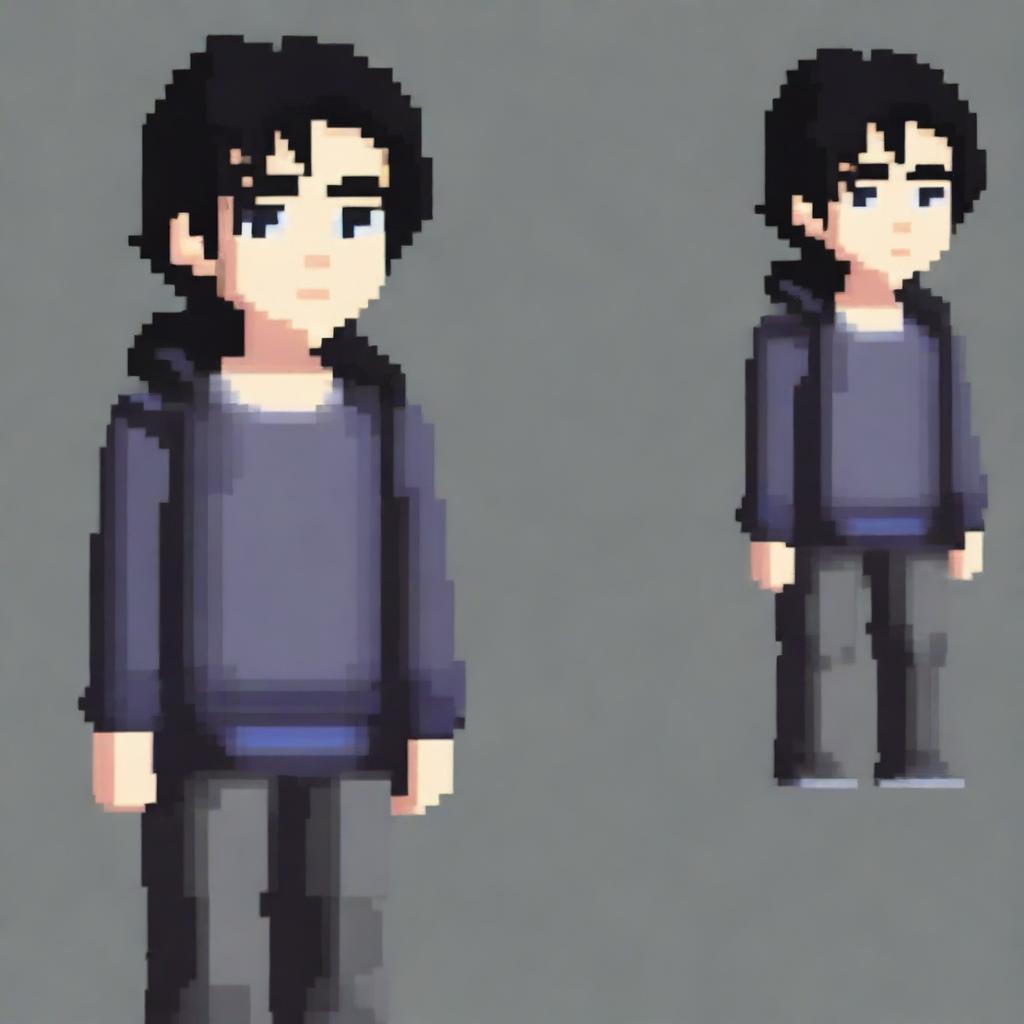 Create a highly detailed pixel art image of an introverted boy with black hair