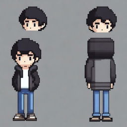 Create a highly detailed pixel art image of an introverted boy with black hair