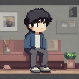 Create a highly detailed pixel art image of an introverted boy with black hair