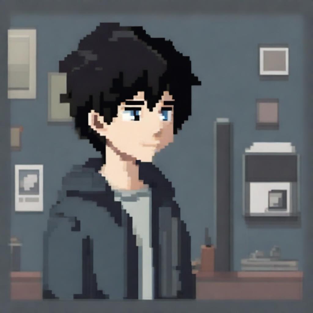 Create a highly detailed pixel art image of an introverted boy with black hair