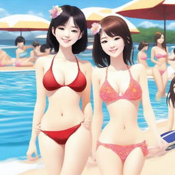 Create a realistic image of Japanese girls in bikinis alongside a man