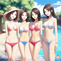 Create a realistic image of Japanese girls in bikinis alongside a man