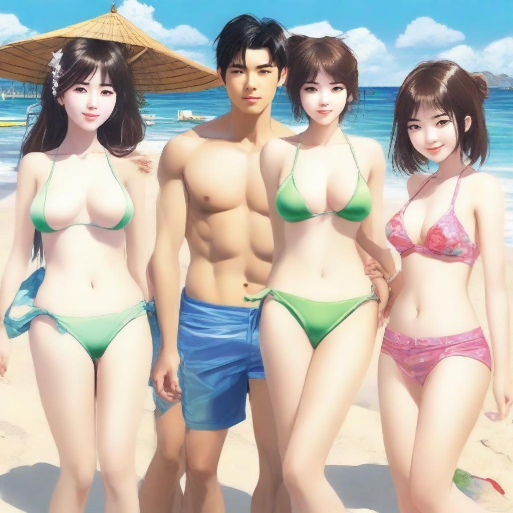 Create a realistic image of Japanese girls in bikinis alongside a man