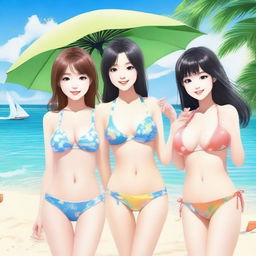 Create a realistic image of Japanese girls in bikinis alongside a man