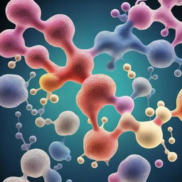 An artistic and detailed illustration of protein modification processes, showing the complex interactions and changes at the molecular level