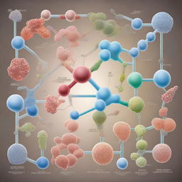 An artistic and detailed illustration of protein modification processes, showing the complex interactions and changes at the molecular level