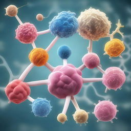 An artistic and detailed illustration of protein modification processes, showing the complex interactions and changes at the molecular level