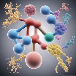 An artistic and detailed illustration of protein modification processes, showing the complex interactions and changes at the molecular level