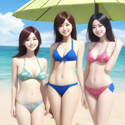 Create an ultra-realistic image of Japanese girls in bikinis alongside a man