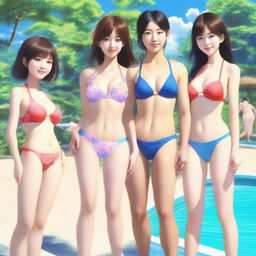 Create an ultra-realistic image of Japanese girls in bikinis alongside a man