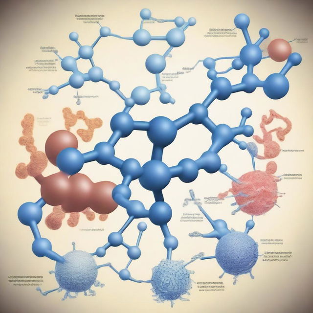 A detailed and artistic illustration of posttranslational protein modification, showcasing the complex biochemical processes that occur after protein synthesis