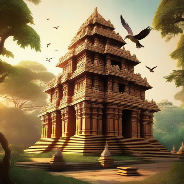 A majestic ancient temple surrounded by lush greenery and towering trees