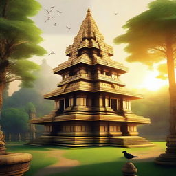 A majestic ancient temple surrounded by lush greenery and towering trees