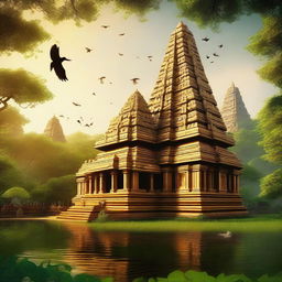 A majestic ancient temple surrounded by lush greenery and towering trees