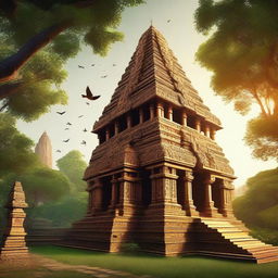 A majestic ancient temple surrounded by lush greenery and towering trees